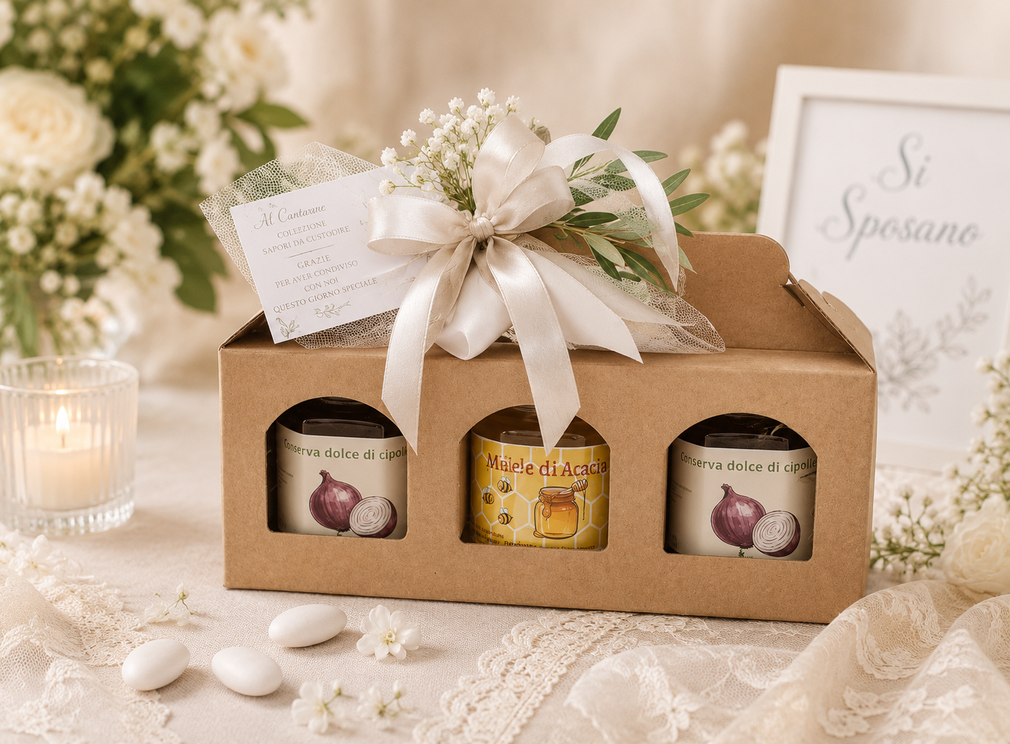 Bomboniera matrimonio con tre vasetti gastronomici
